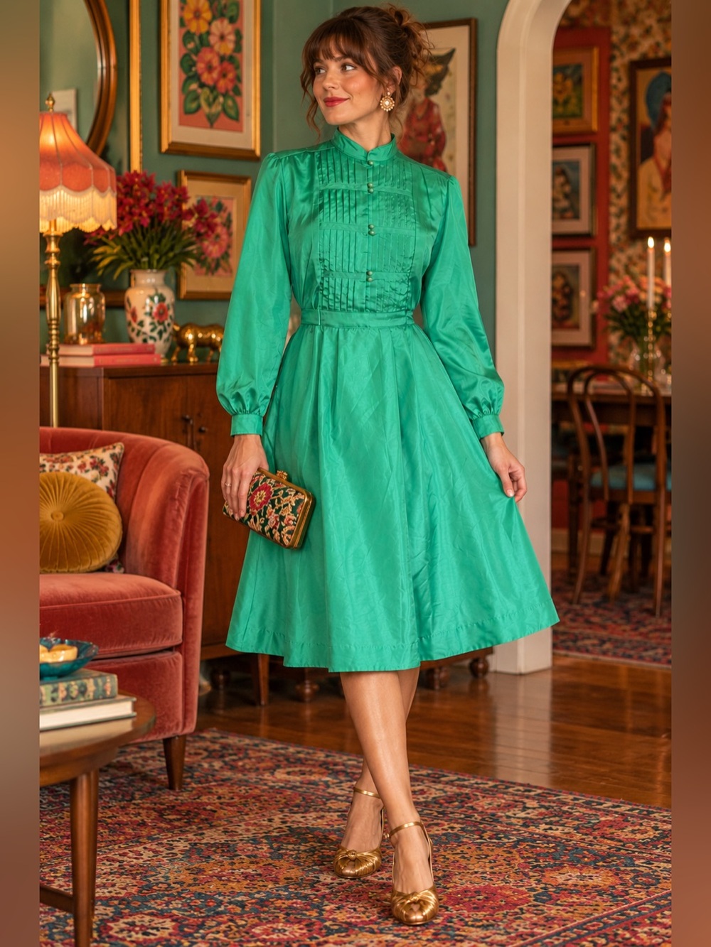 Vintage 1970s Lanz Original Womens Dress Sz Small Medium Green High Neck Boho